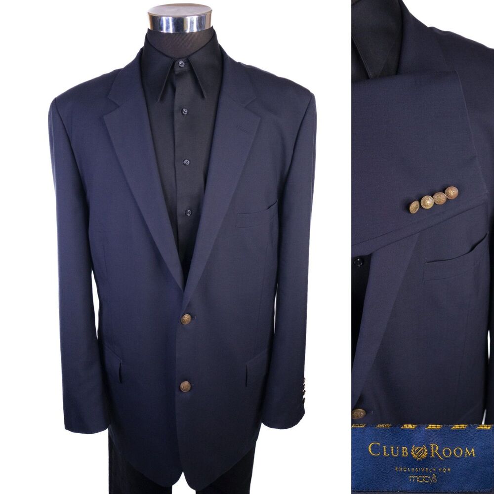 Club Room Charter Club Blazer Sz 48L Navy Gold Button Wool 2 Button Blazer Coat